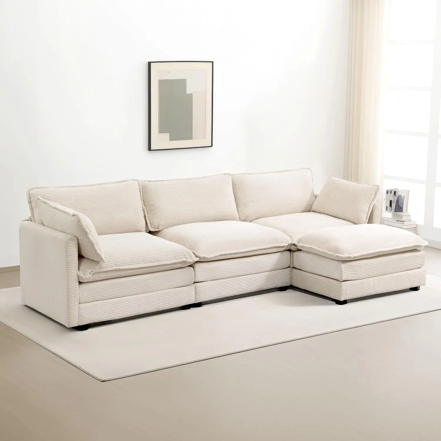 112 Inch Modular Sectional Cloud Sofa Moveable Ottoman Four Seat Corduroy L Shaped Deep Seating Living Room Beige