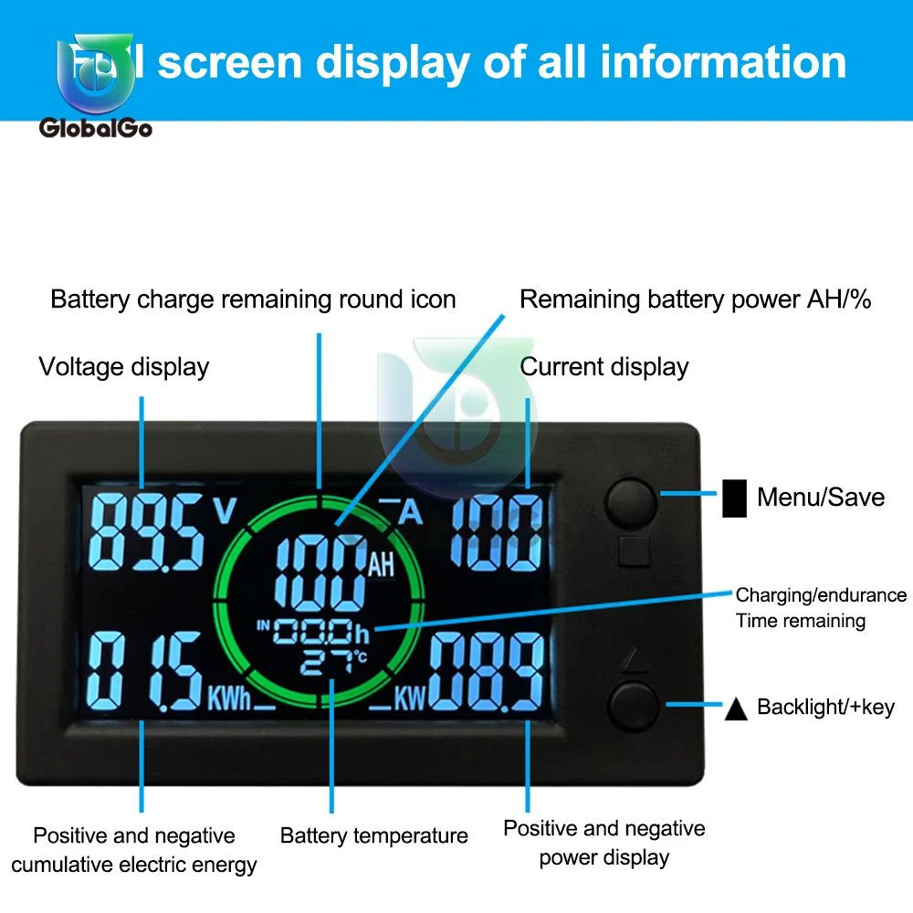 DC0-300V 50A 100A 200A 400A STN LCD Hall Coulomb Meter Voltmeter Ammeter Voltage Current Battery Capacity Monitor Bluetooth APP