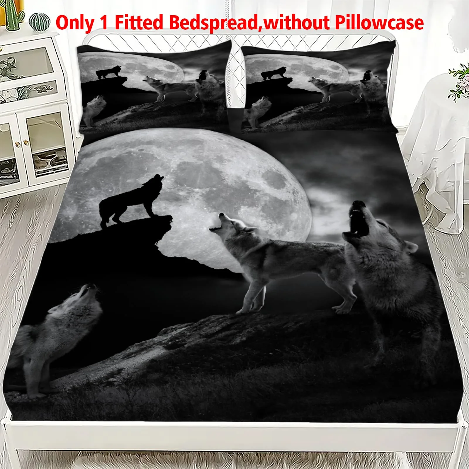 1-Pc Howling Wolves Under Full Moon Sheet -100% Polyester, Digital Print, Breathable All-Season Fitted Sheet and Pillowcase Set