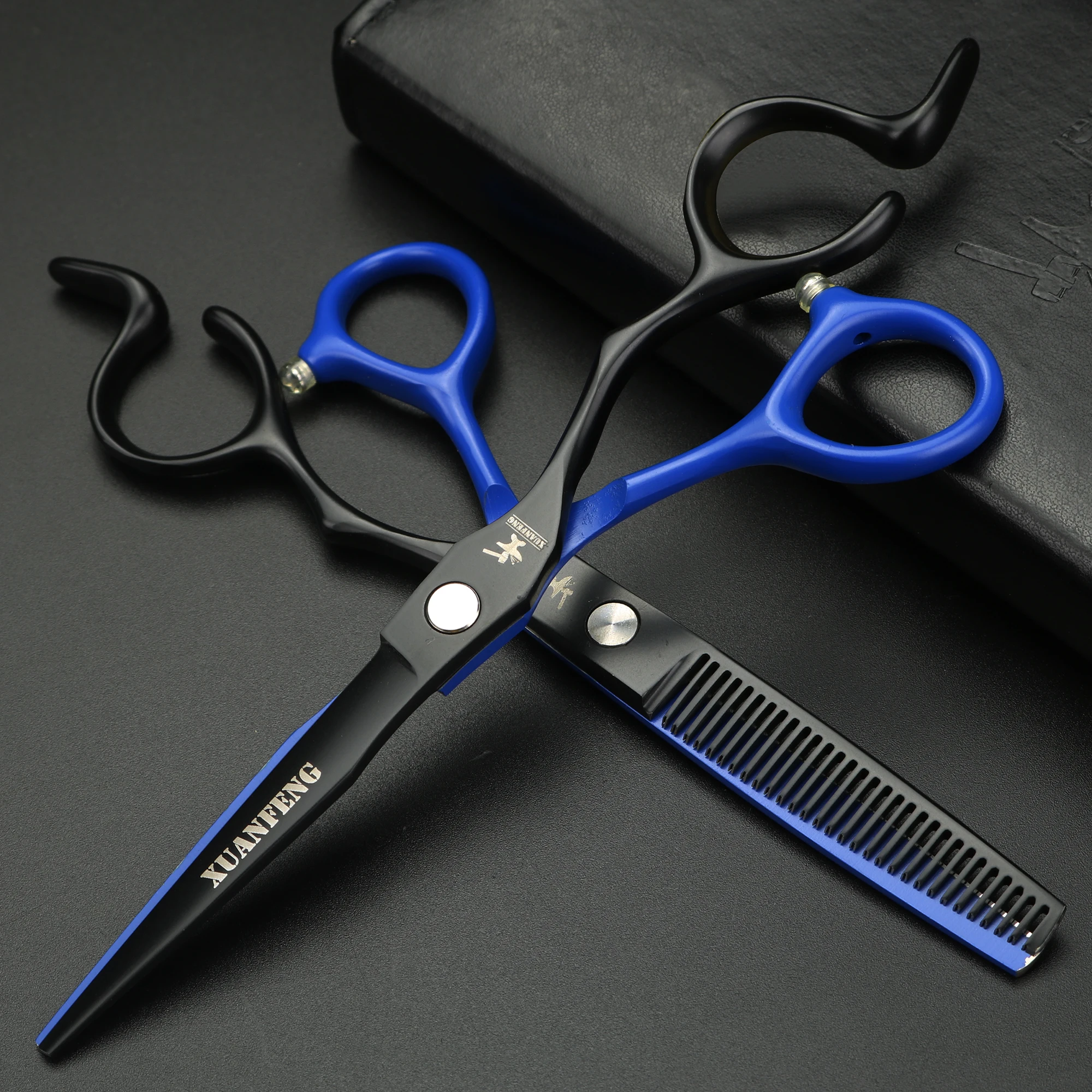 Unique Handle Black Blue Barber Cutting and Thinning Scissors 6 Inch Japanese 440C Steel Hair Scissors