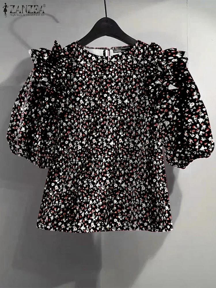 

ZANZEA Bohemian Women Blouse Vintage Floral Printed Tunic Tops 2025 Summer Short Sleeve Ruffled Shirts Casual Loose Lady Blusas