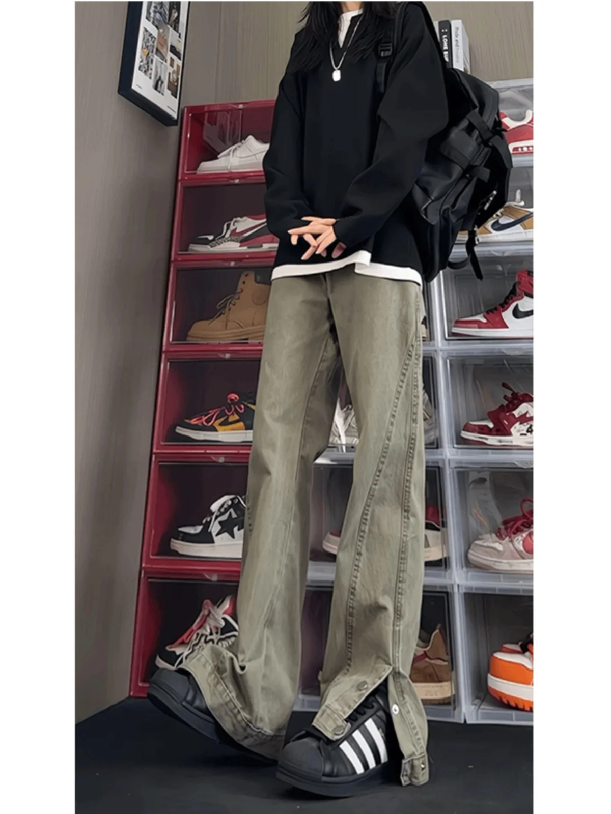 

Vintage Metal Bule Design Deconstructed Logging Pants Women's Autumn Straight Leg Micro Flared Trousers Casual Pants