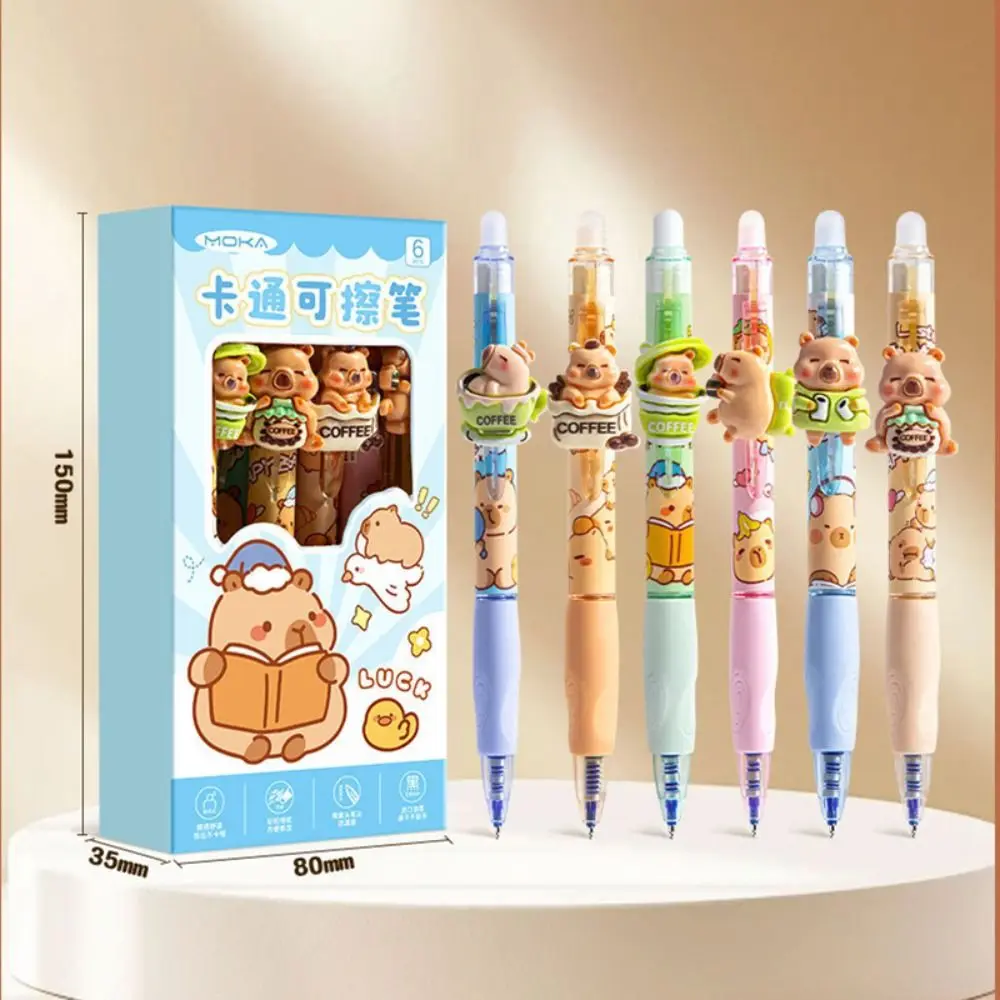 6pcs/Set Cartoon Blue Ink Erasable Pen Stationery Pen Capybara Ballpoint Pen 0.5mm ST Tip Gel Pen Student Use