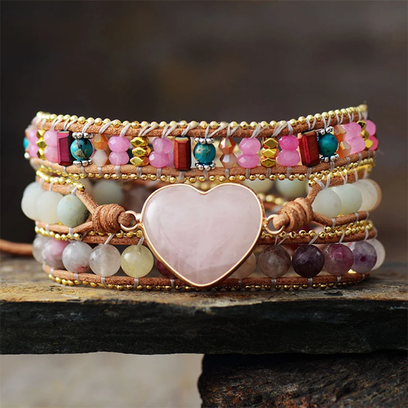 

Rose Quartz Heart-Shaped Leather Wrapped 3-Loop Winding Bracelet Bohemian Pink Crystal Friendship Bracelet