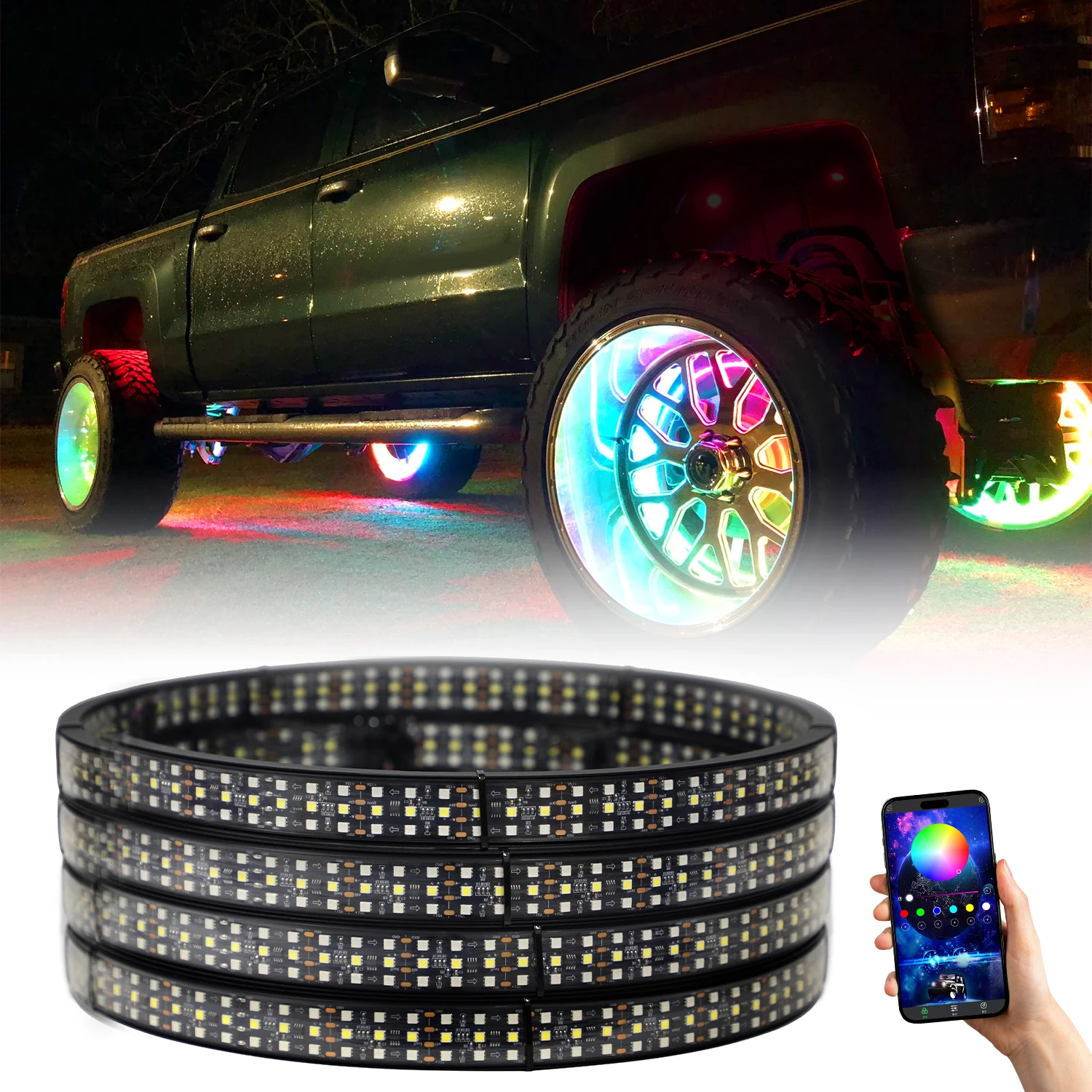 App Control Car Accessories 6 Rows 15.5 17 Inch RGB RGBW Wheel Ring Light Kit LED with Turn Signal Brake Light for Truck