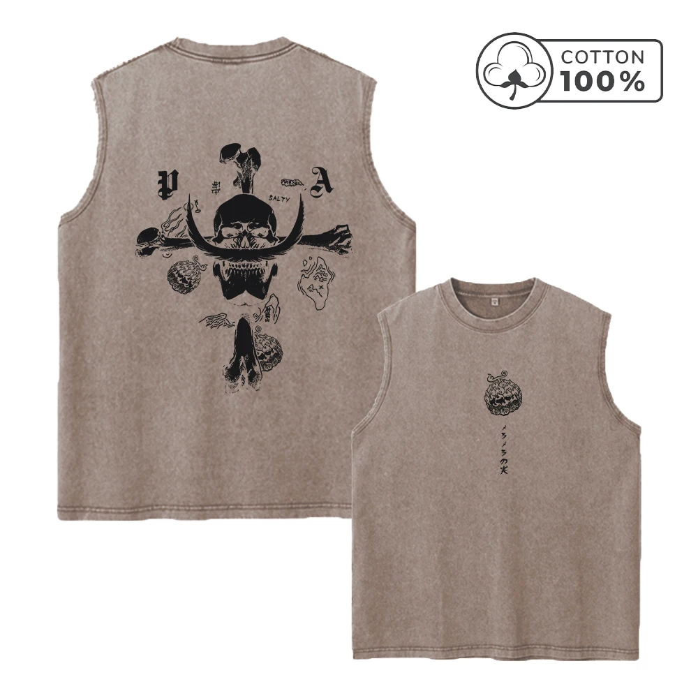 Men's Casual Street Style Printed Pure Cotton Washed Vest Retro and Unique Devil Print Loose Fit Fitness Beach Sleeveless Top