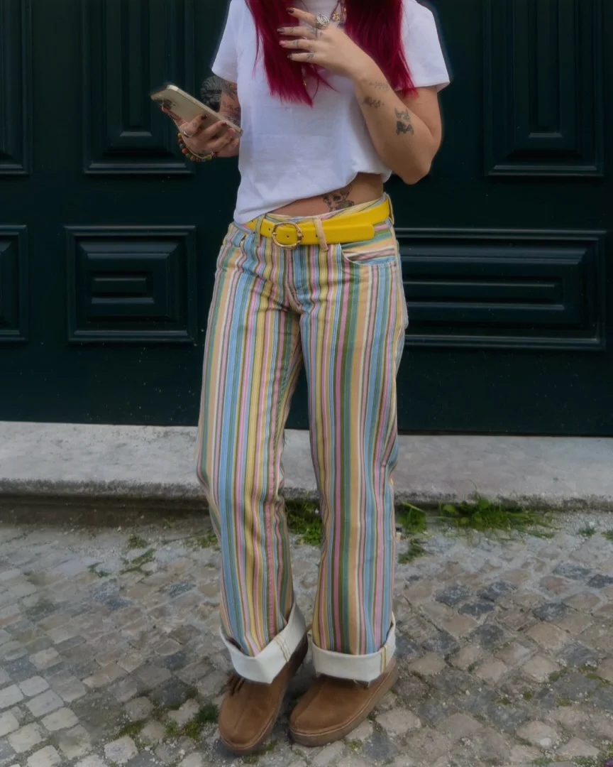 Y2k Women Jeans Striped Contrast Pockets Button Low Waist Wide Leg Female Denim Trouser Summer Streetwear 2026 Commute New
