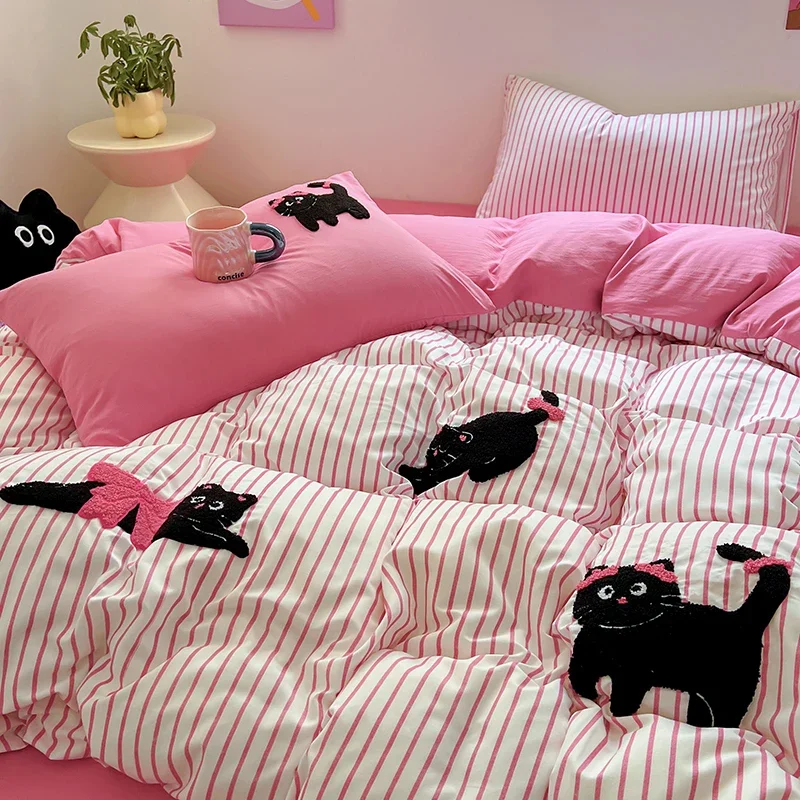 Cartoon Kawaii Cat Bedding Set Purple Duvet Cover Flat Sheet Pillowcase  Girls Bed Linen Bedspread Full Twin Size  Filling