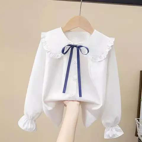 Girls' Spring Autumn Blouse New Korean Style Fashionable Long Sleeve White Shirt Children's Lace Peter Pan Collar Bottoming Shir