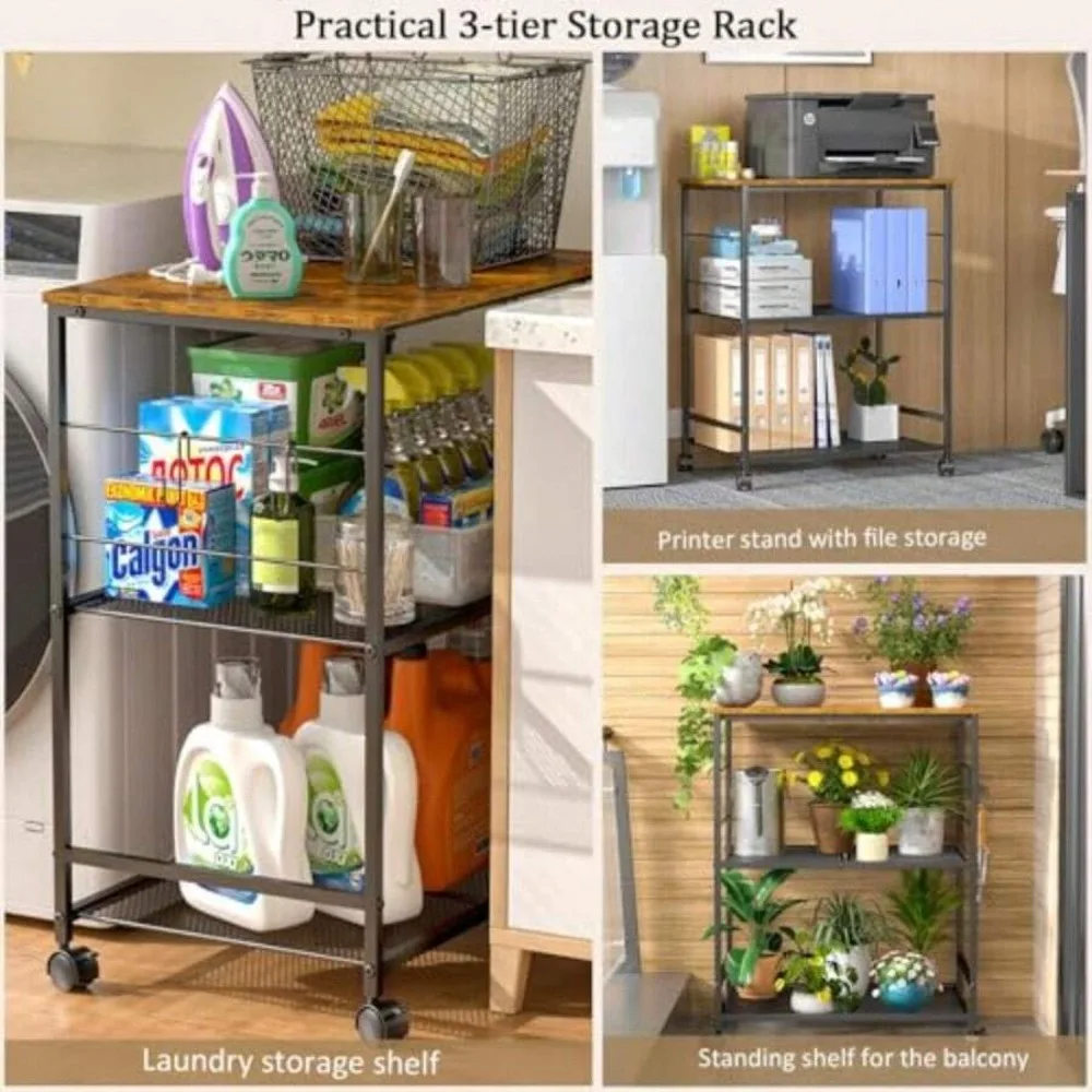 Rolling Kitchen Microwave Cart 3 Tier Microwave Table Stand With Storage Shelves, Lockable Wheels Mobile Utility Cart, Small Coffee Cart Shelf Rack Organizer For Living Room Office Balcony, Sturdy Metal Frame view 8