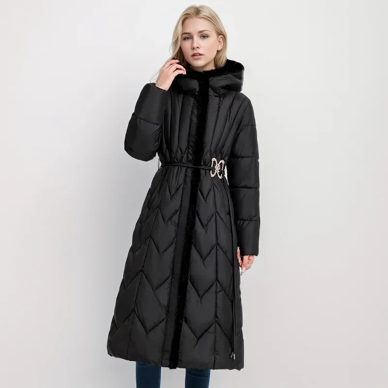 2024 Woman Winter Down Cotton Jacket Long Coat With Belt New Hooded Pockets Zipper Thick Warm Female Hooded Padded Parkas