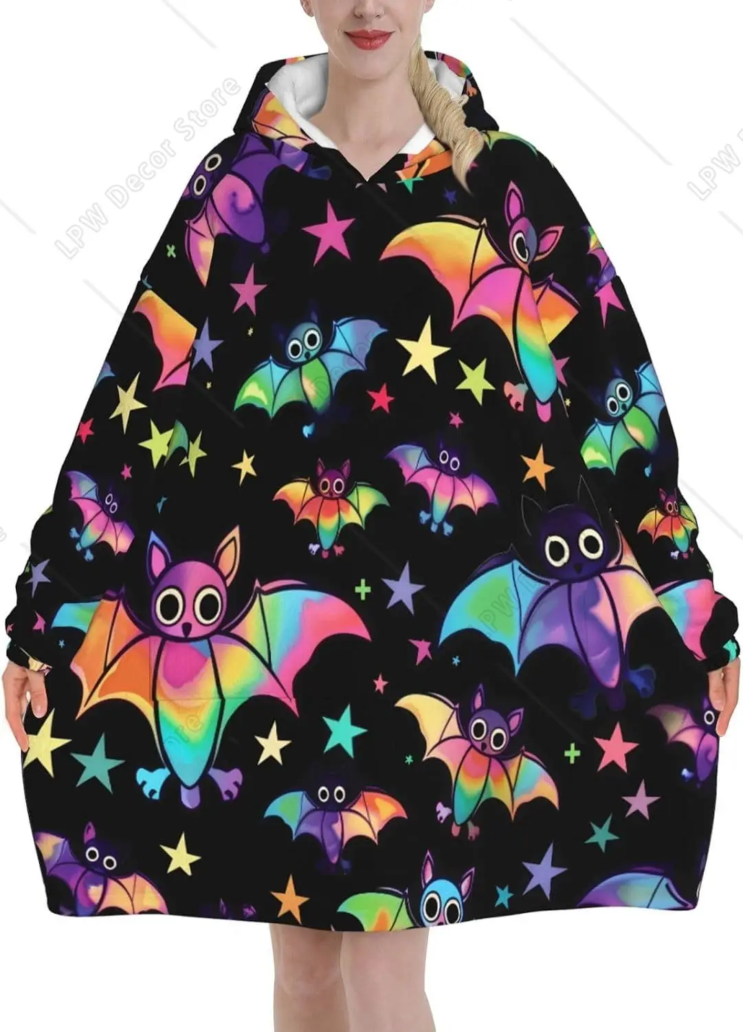 Colorful Halloween Bat Wearable Blanket Hoodie Oversized Sweatshirt Blanket Cozy Warm Sherpa Hooded Blanket With Pocket