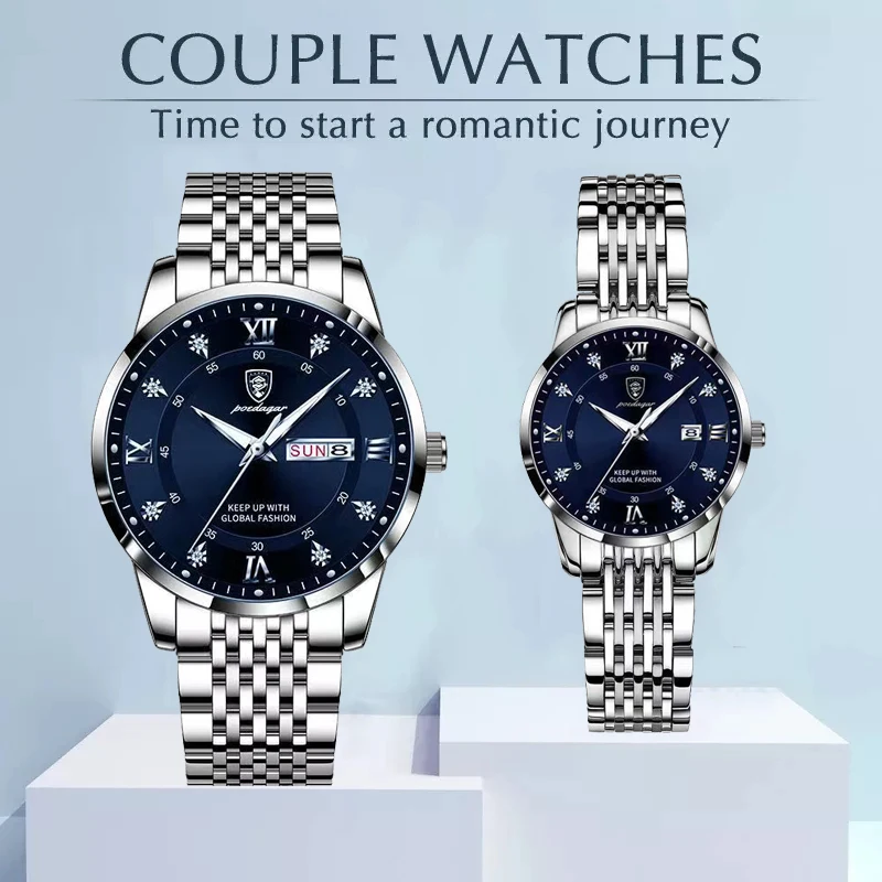 Poedagar Watch Sets for Her and Him Top Brand Luxury Waterproof Stainless Steel Women Men Couple Items for Lovers Reloj Hombre