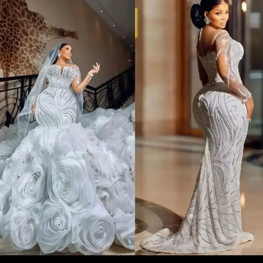 Customized Custom High Quality Lace Elegant Vintage Style Royal Mermaid Down PuffyWrap Waist Chapel Pattern Wedding Dress