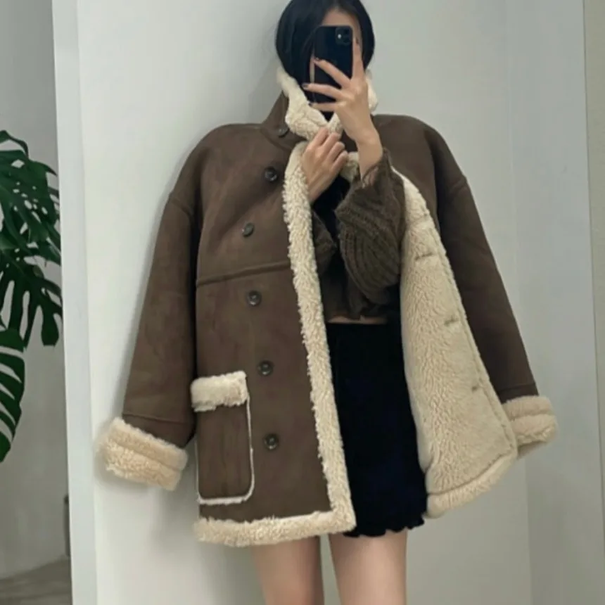 Senhoras chique coreano sle casaco de pele quente solto ajuste colarinho outono inverno nova chegada all-match pele de cordeiro intercuído outerwear