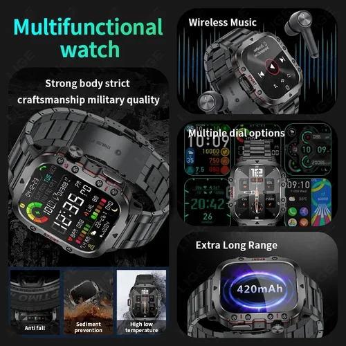 Imagen 2 del producto Reloj inteligente militar resistente Al agua para hombre, pulsera resistente Al agua lP68, de 2025 pulgadas, con llamada por Bluetooth y voz Al aire libre, para Android, 2,01