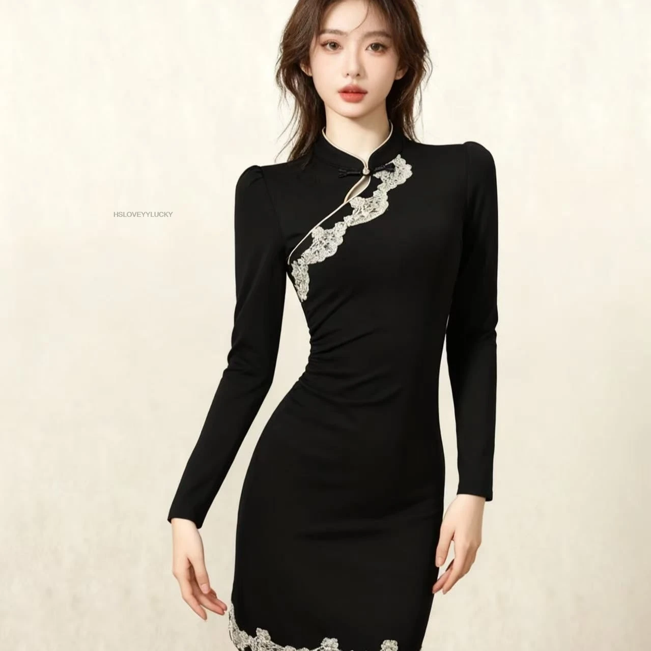 Women's Autumn/Winter New Chinese Style Modified Cheongsam Slim Fit Long Sleeve Waist-cinching Short Dress Lady Modern Qipao