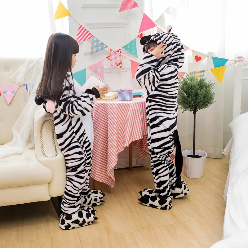 Child Zebra Panda Pajama Jumpsuit Flannel Long Sleeve Kigurumi For Boy Girl Onesie Costume Animal Anime Clothes