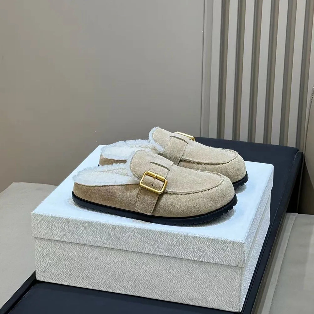 2026 Top Quality Women Winter Furry Mules Slippers Suede Leather Buckle Flat Shoes Warm Plush Lined Slip On Loafers Casual