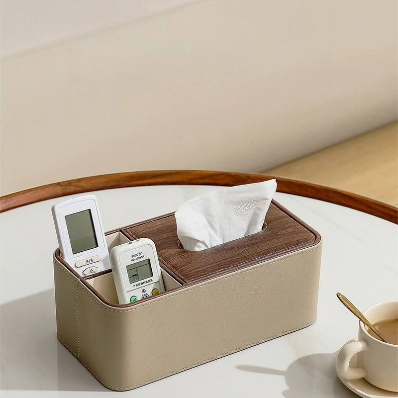 Multifunctional Tissue Box Hotel Remote Control Storage Box 2-in-1 Leather Desktop Drawer Box for Home Living Room