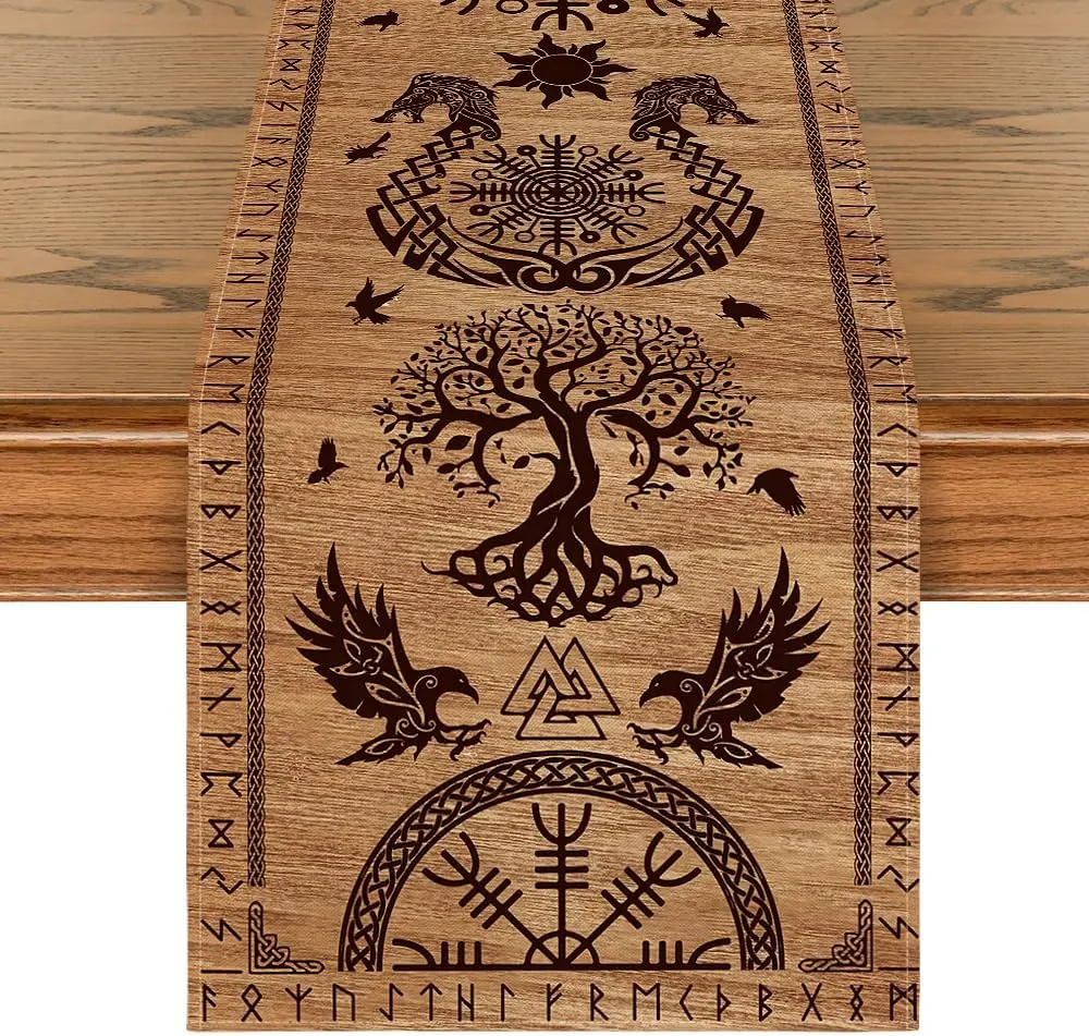 Vintage Viking Raven Helmet of Awe Printed Linen Table Runner Kitchen Dining Table Runner for Holiday Party Home Decor