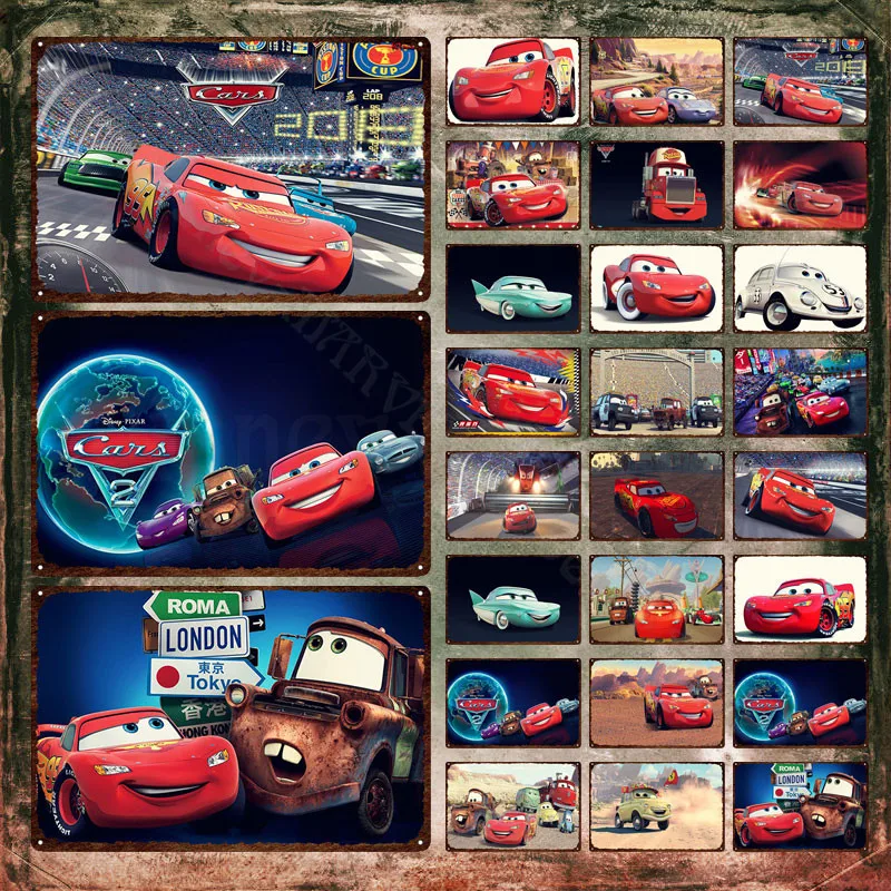 Disney Cars Metal Poster Lightning Mike Quinn In A Car Race Cartoon Plaque Decorative Tin Plate Classic Tin Signs Wall Art Decor