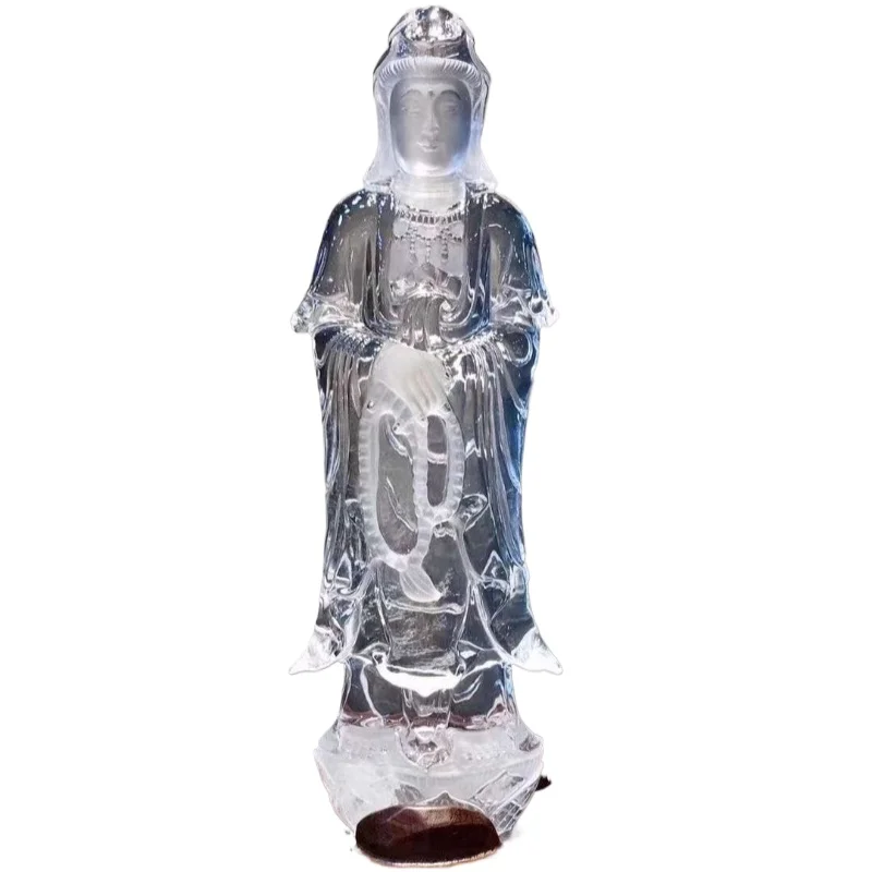 Natural white crystal Guanyin ornament, kind face and meticulous face, ebony  base