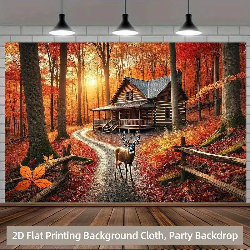 2D Flat, 1-Panel Autumn Forest Cabin Backdrop - Large Horizontal Wall Mural with Deer, Log Cabin & Wood Fence - Realistic Fall F