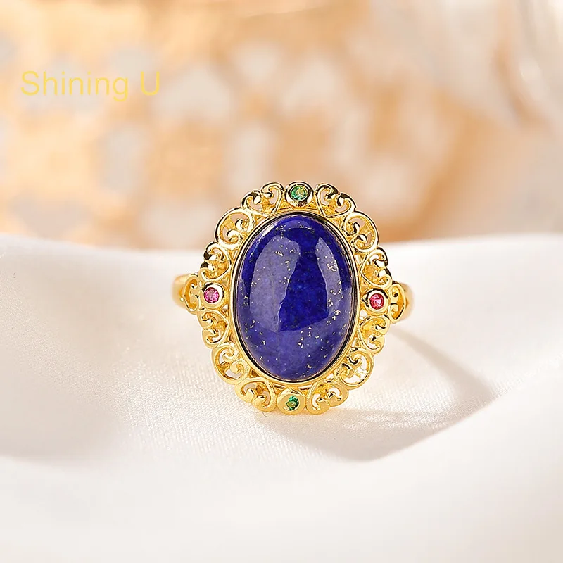 Shining U 925 Sterling Silver 10*14mm Oval Lapis Lazuli Open Ring for Women Fine Jewelry Summer