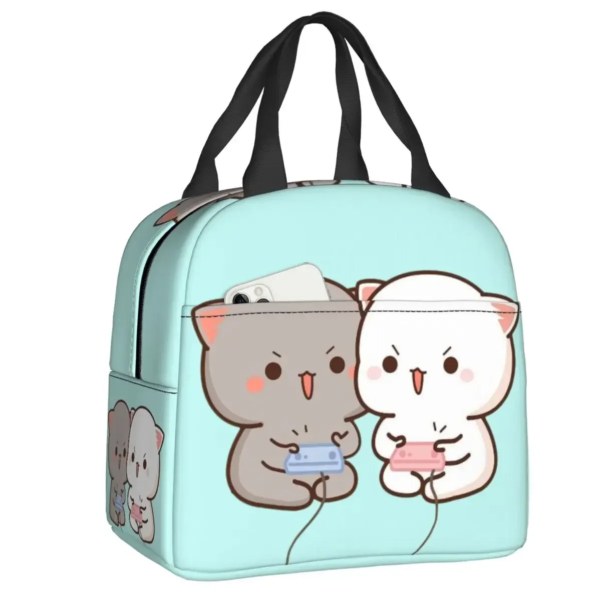 Peach And Goma Mochi Cat Lunch Bag for Camping Travel Waterproof Insulated Thermal Cooler Lunch Box For Women Kids Schoool Food