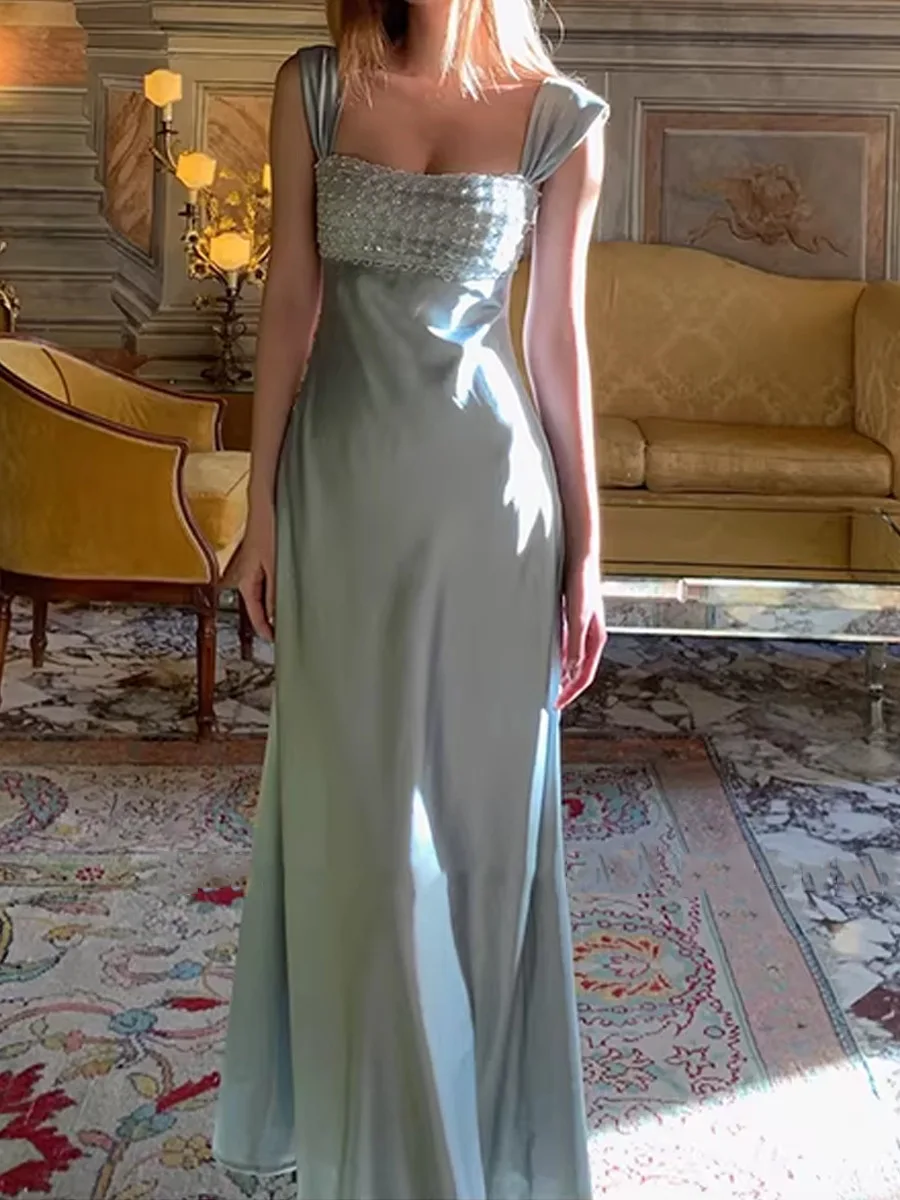 

2026 Spring Summer New Satin Light Luxury Banquet Dress Women Elegant Streamer Blue Skirts Heavy Industry Bead Hanging Dress