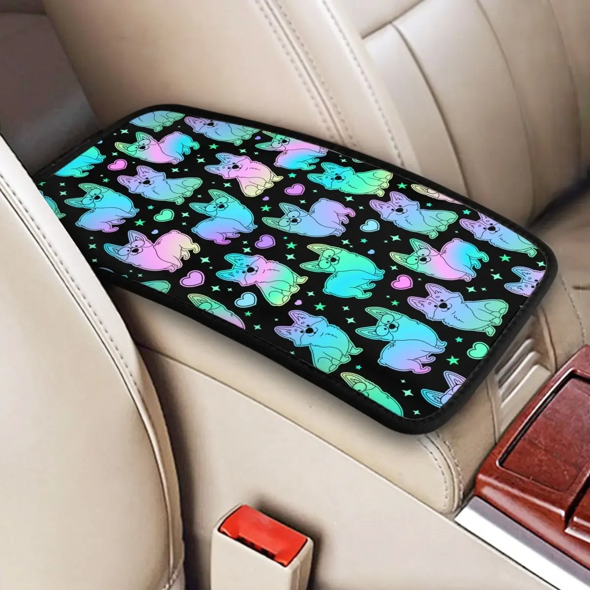 Four Seasons Car Armrest Cover Mat Corgi Dog Plaid Center Console Cover Pad Cartoon Animal Box Cover Car Interior Accessories