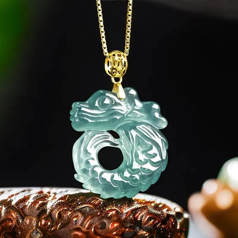 

Blue Myanmar Jadeite Dragon Pendant Necklace Luxury Natural Jewelry 18K Gold Plated Man Real Burmese Jade Charm