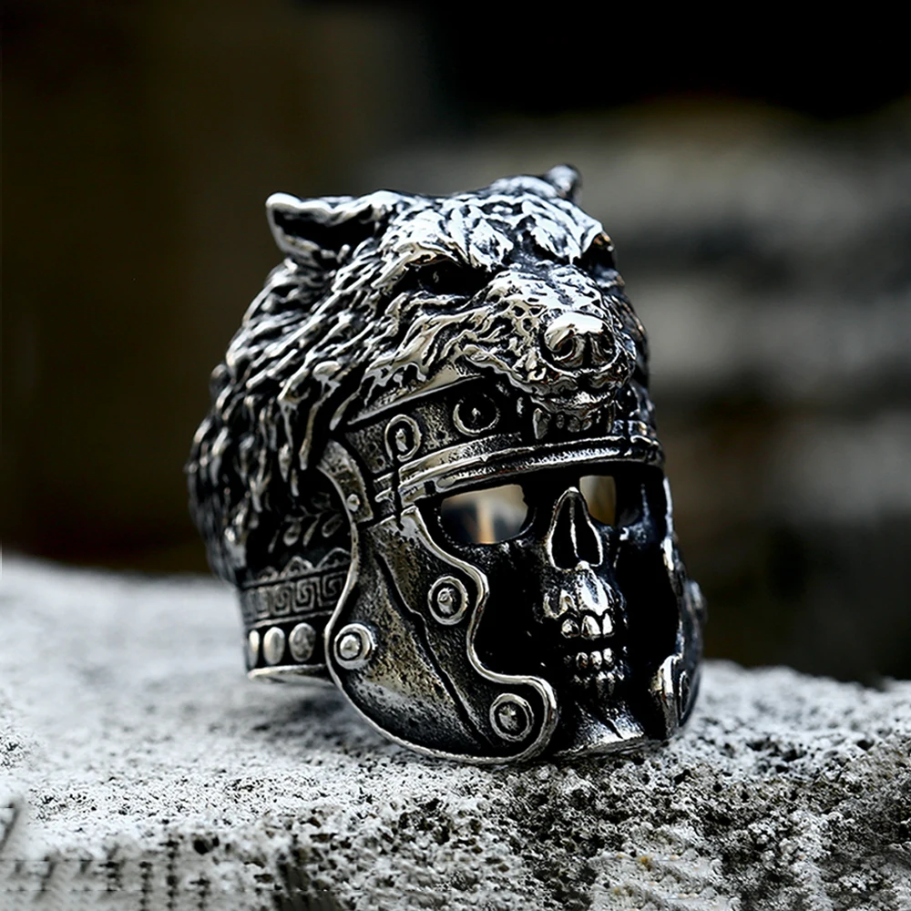 Fashion Retro Creative Viking Wolf Ring Punk Hip Hop Stainless Steel Skull Armor Ring For Men Motorcycle Jewelry Gift Wholesale