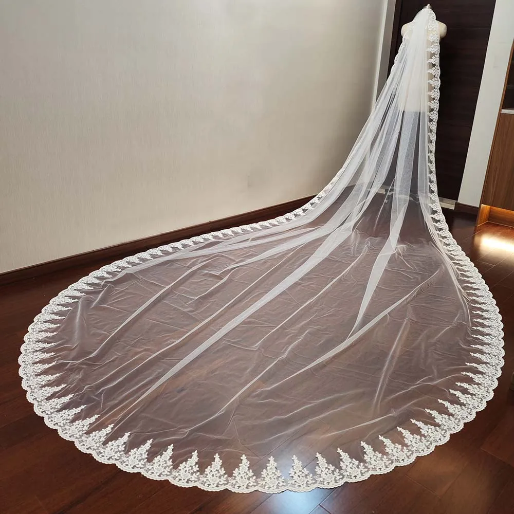 Royal Cathedral Length Lace Wedding Veil with Comb 4 Meters Single Tier Extra Long Train Bridal Veil Wedding Accessories