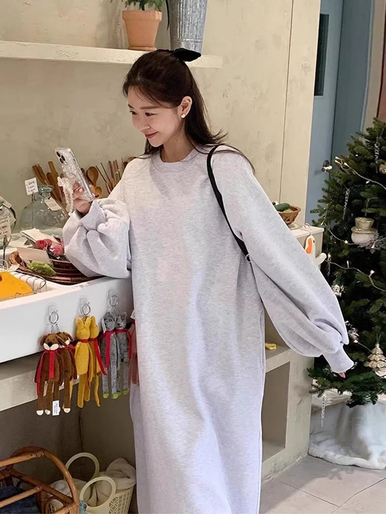 South korea Chic Autumn and Winter Sweet Idle Sle round Neck Loose Casual Small Fleece-lined Long sleeve Hoodie Dress Women