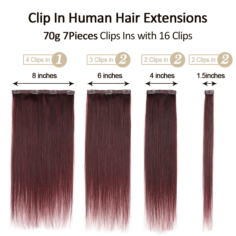 Burgundy Clip In Hair Extensions Human Hair 70g 7pcs Doublet Weft Lace Remy Hair Extensions Duck Bill Clips 5Pcs Rat Tail Comb