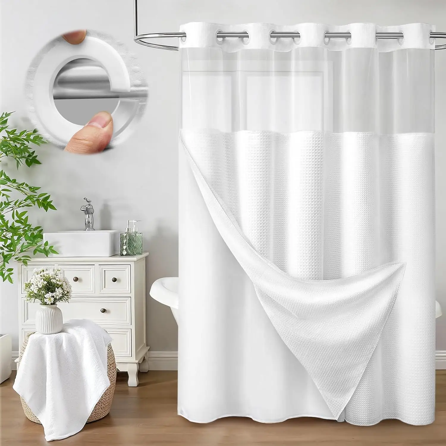 

White Hotel Waffle Shower Curtain with Liner Set, No Hook Design, 75x72 Inches