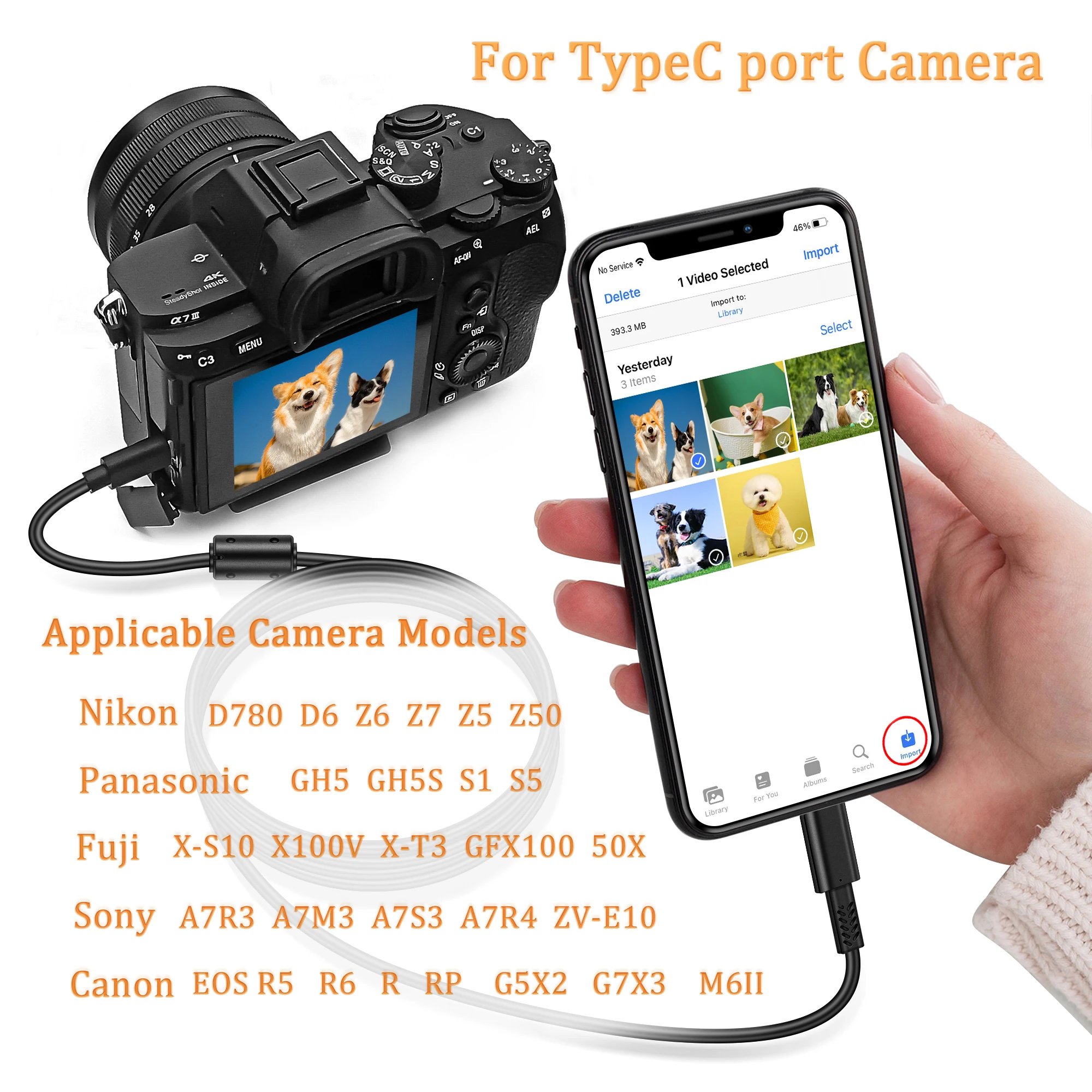 Kabel OTG TYPEC do TYPEC do aparatów Sony A7R3/A7M3/A7S3/A7R4/A9/A9II, Nikon D780/D6/Z6/Z7/Z5/Z50, Canon EOS R5/R6/R/RP/G5X2/G7 — zdjęcie produktu 3