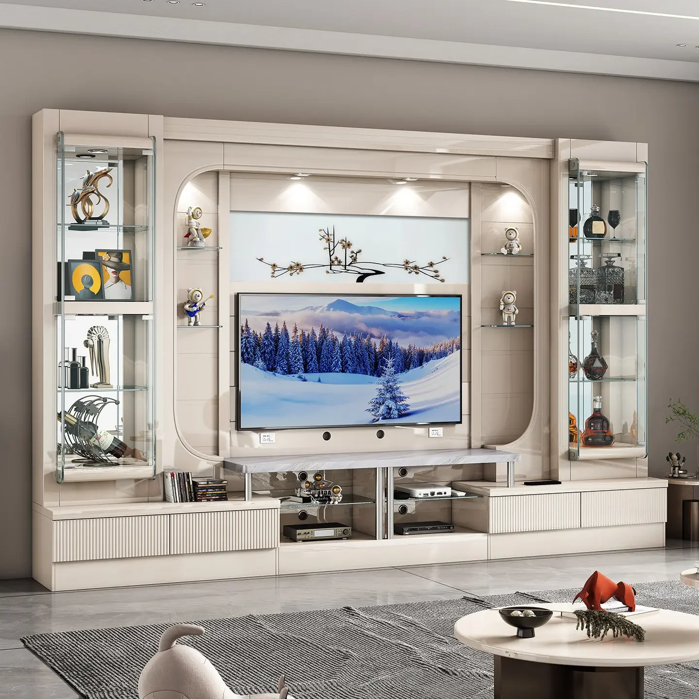 Living room small apartment TV cabinet ground combination wall cabinet overall TV wall background wall video wal
