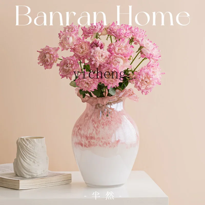 

V7 glazed vase pink gradual change retro French Fenton high sense art semi-natural flower arrangement ornament