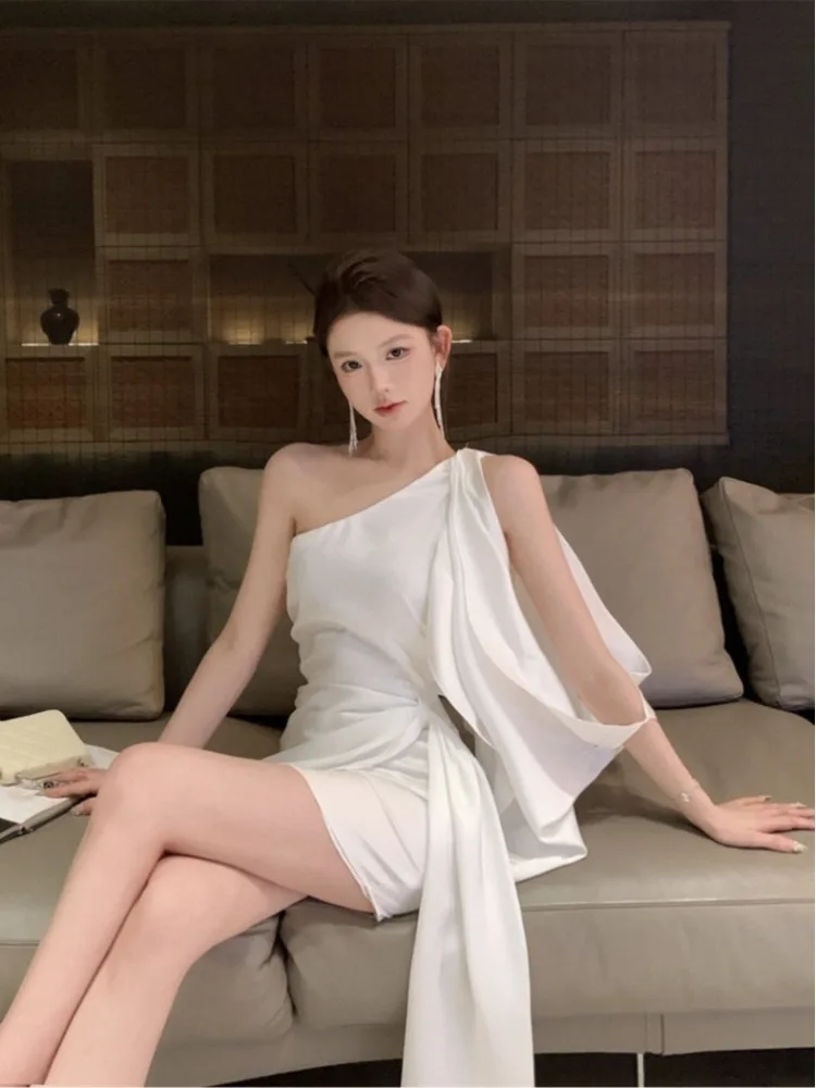 

Elegant Slim Fit Wrap around Shoulder Short Dress High End Goddess Style Asymmetrical Hemline Chiffon Material Commute Simple...