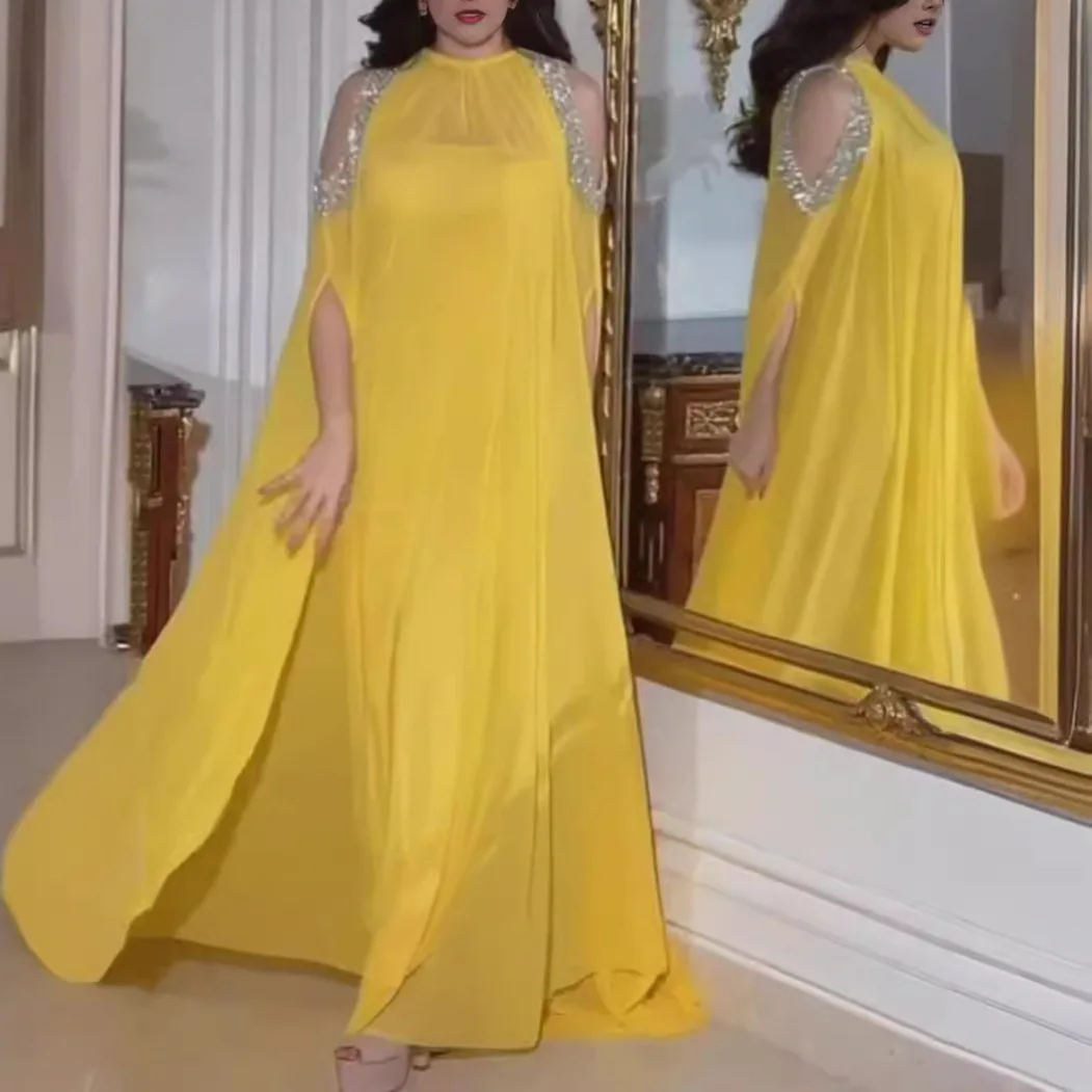 

Spring and summer new Middle Eastern temperament sexy cape beads chiffon banquet evening dress two-piece set sexy temperament el
