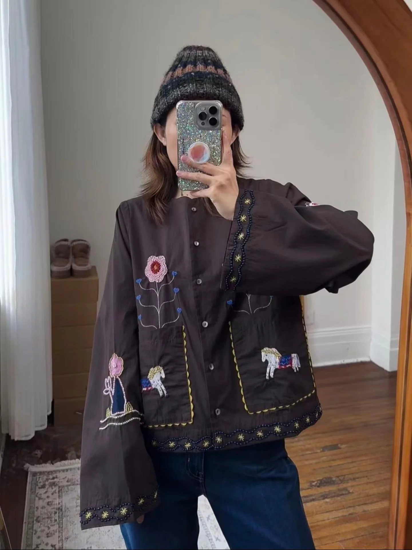 

Ретро-топ с вышивкой и круглым вырезом для женщин, темно-коричневый, осенне-зимний, с узором, дышащий, с длинными рукавами