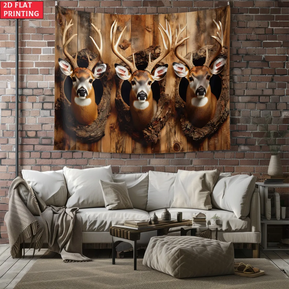 Deer Heads Wooden Wall Tapestry Hunting Decor For Living Room Bedroom Rustic Cabin Animal Mount Style Hanging Tapestry
