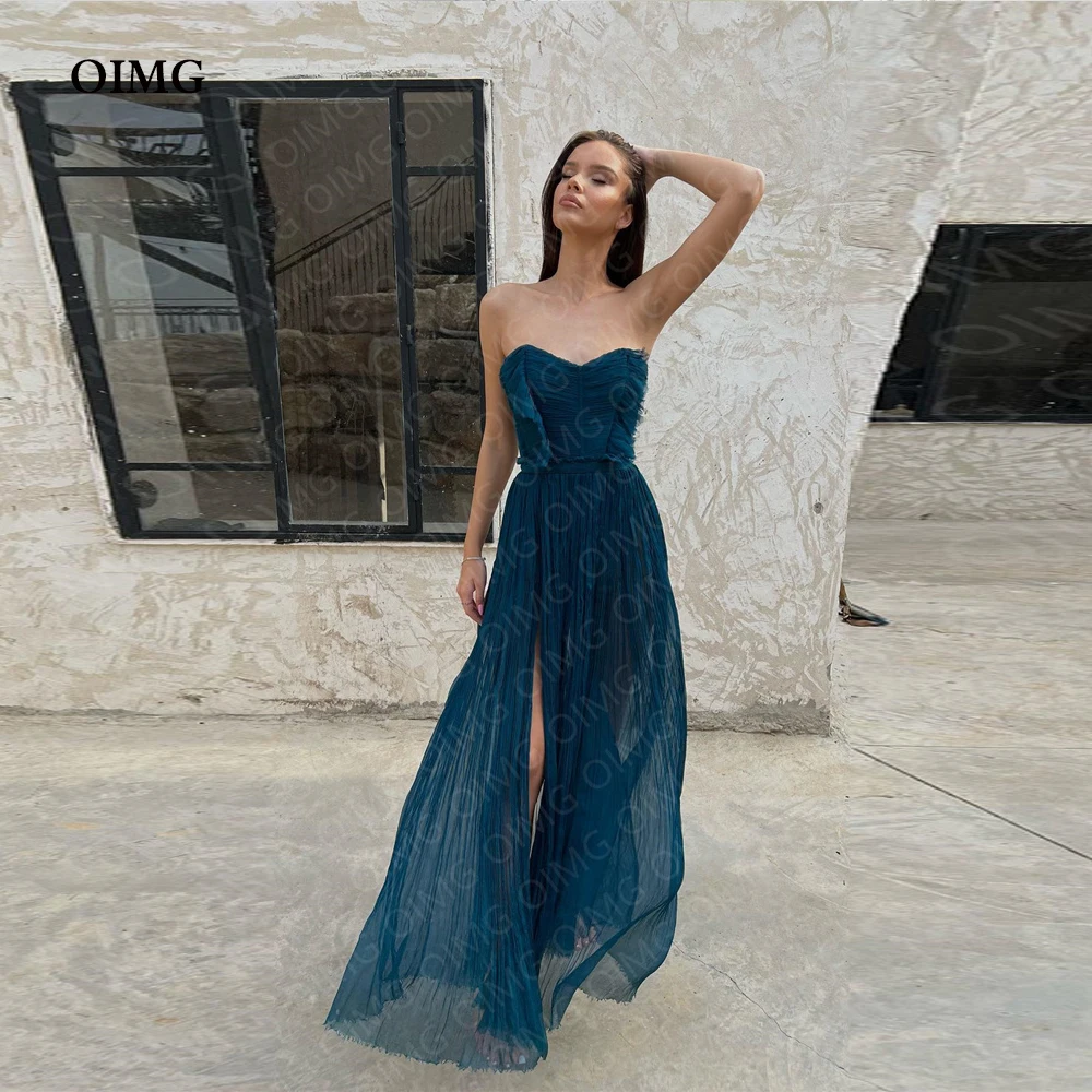 

OIMG Navy Blue Chiffon Pleats Arabic Evening Dress Formal Party Gowns Sweetheart Side Slit Sleeveless Robe de soiree Prom Gown