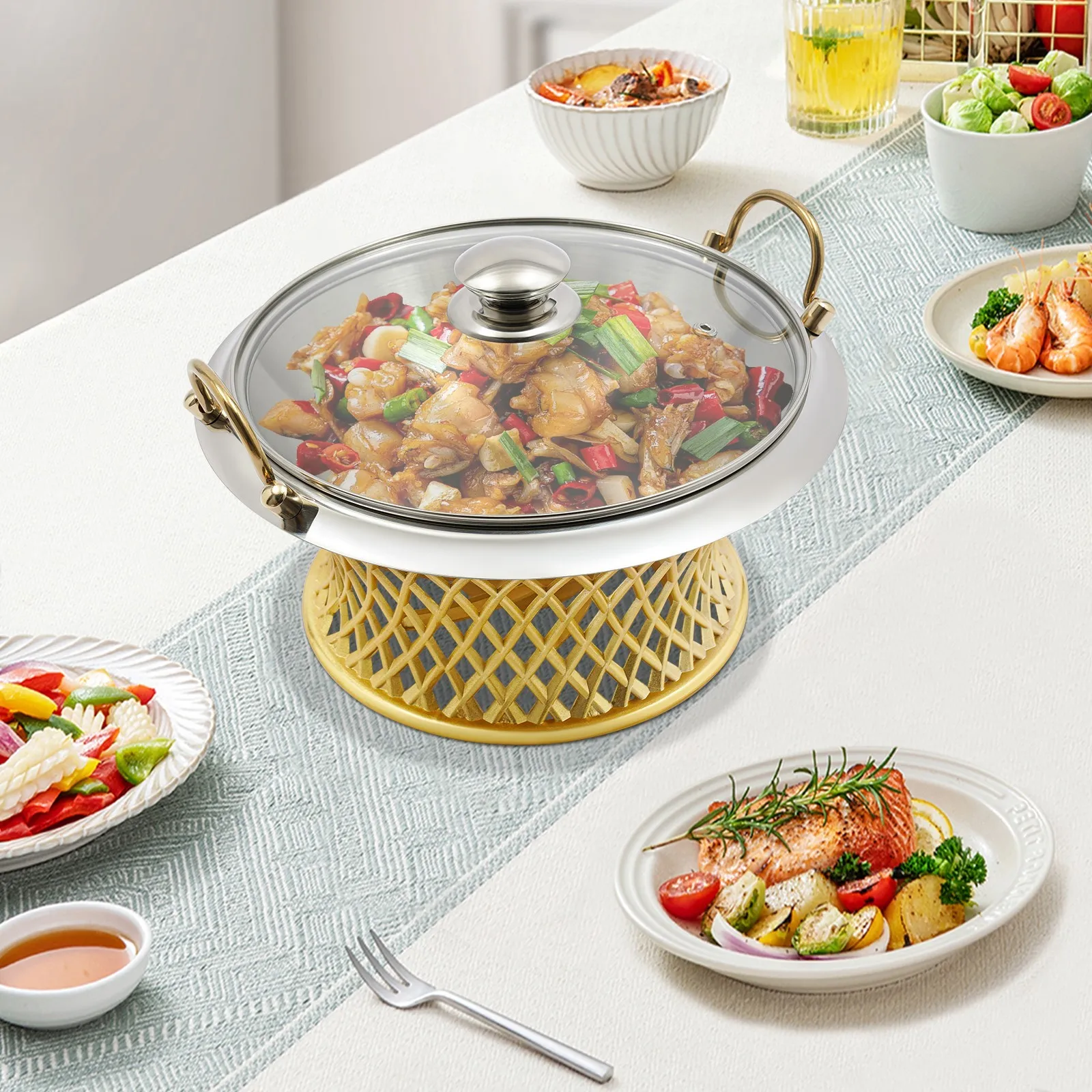 

Stainless Steel Buffet Chafing Dish Tabletop Round Chafing Dish Chafing Dish with Glass Lid