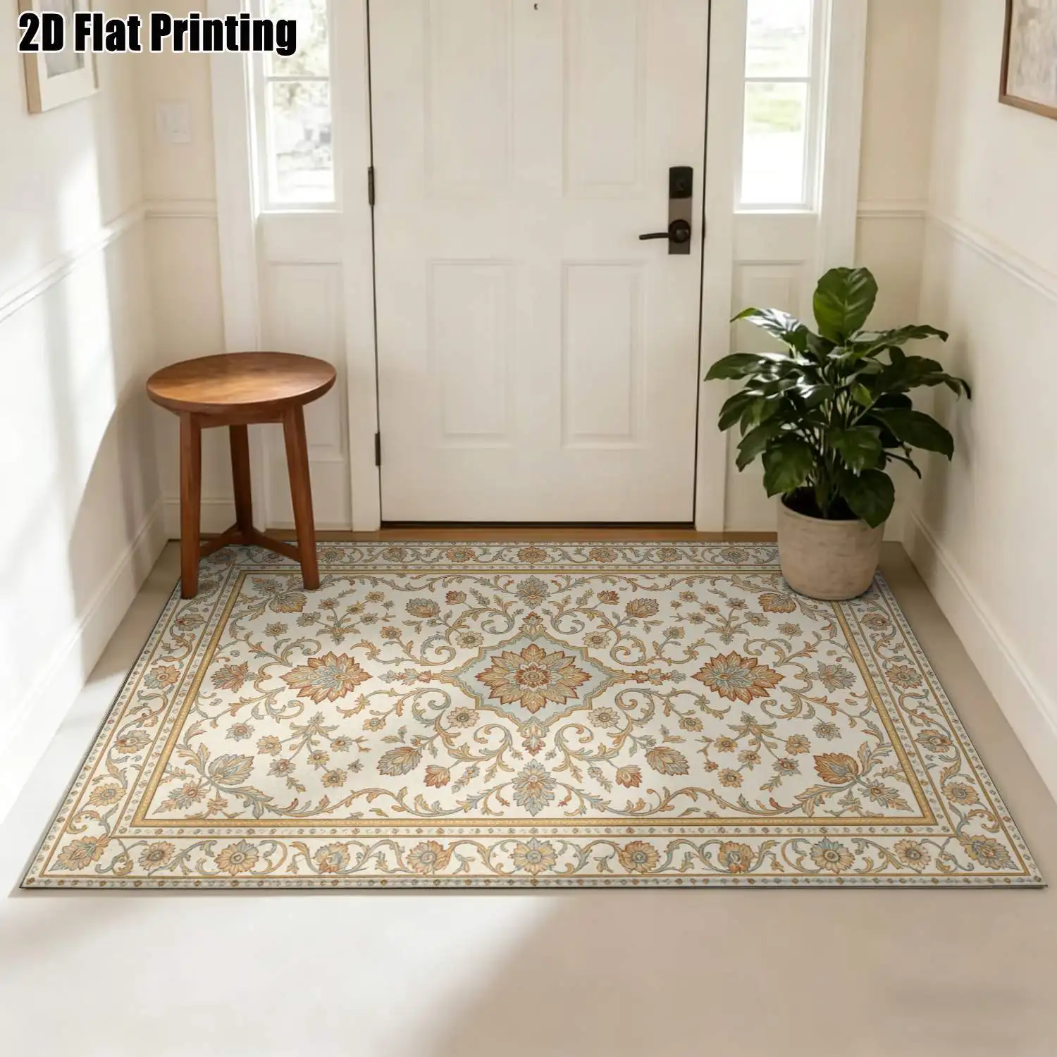 1Pc 2D Printed Beige Floral Geometric Carpet, European Vintage Style, Home Decor, Multi-Size, Machine Washable, for Entrance, Dining Room, Foyer, Living Room, Bedroom
