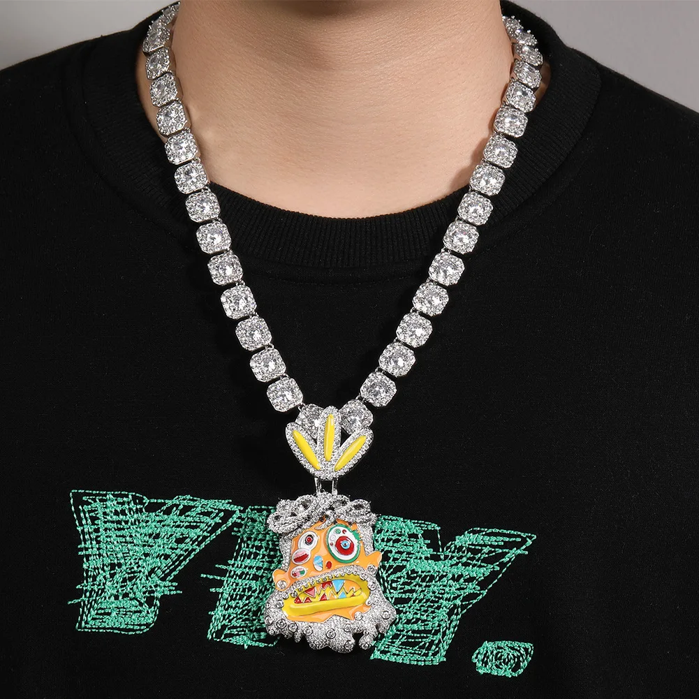 Color Cartoon Head Iced Out Pendant Necklaces For Men Women Bling Zircon Bling Necklace Copper Jewelry Free Shipping