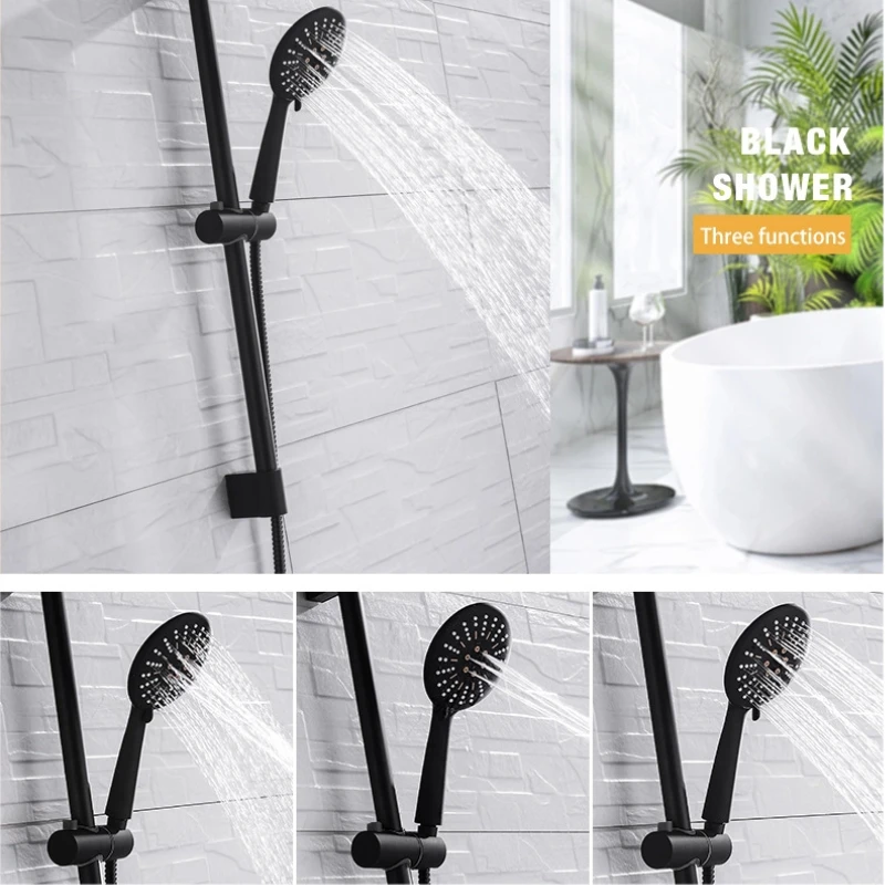 Wall Mounted Three Function Hand Held Shower With Free Lifting Rod  With Black Shower Head High Pressure Rain Sprayer Set